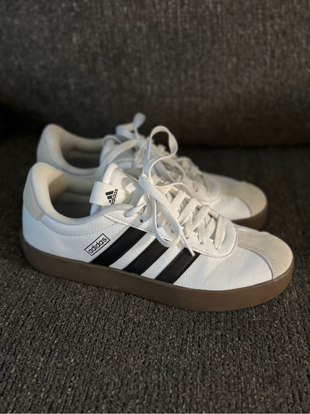 adidas Men’s White Sneakers with Black Stripes and Gum Sole